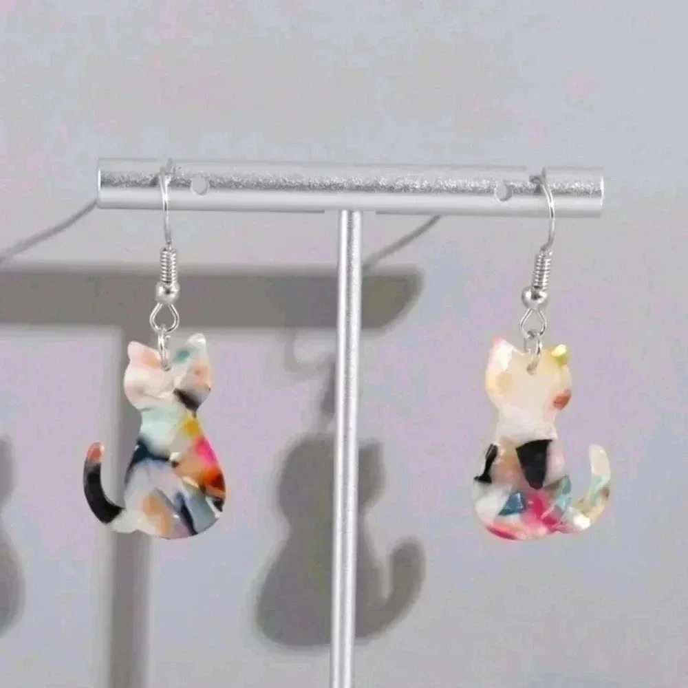 Cute acrylic colorful rainbow cat kitten silhouette earrings jewelry silver plat